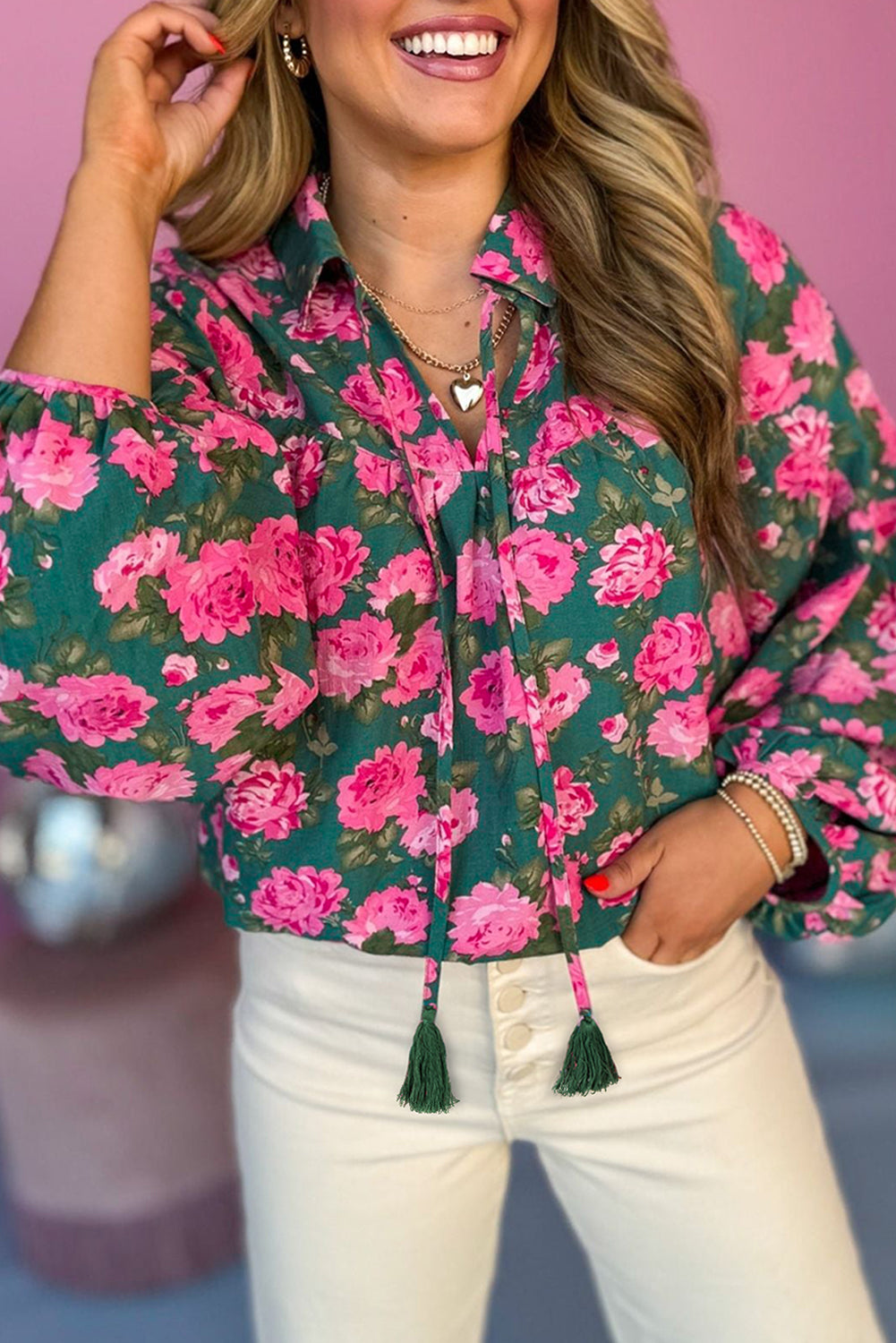 Green Floral Printed Tied Collar Puff Sleeve Blouse