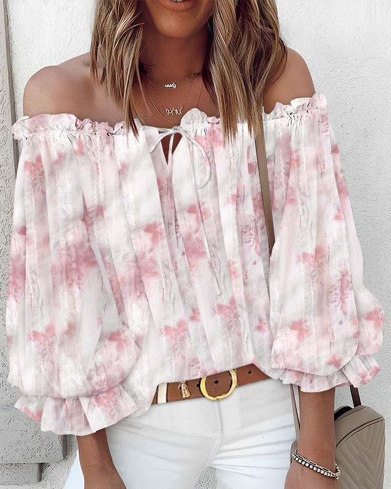 Butterfly Print Contrast Lace Off Shoulder Lantern Sleeve Tied Detail Blouse Casual Top