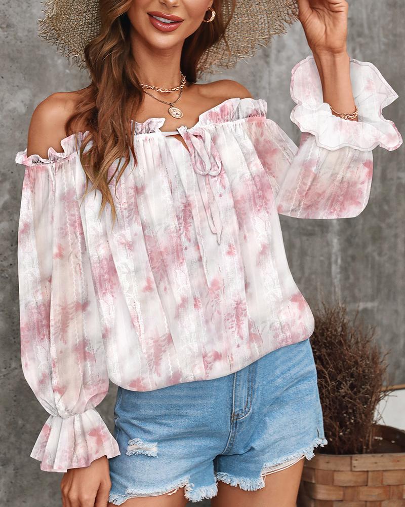 Off Shoulder Floral Print Lantern Sleeve Top