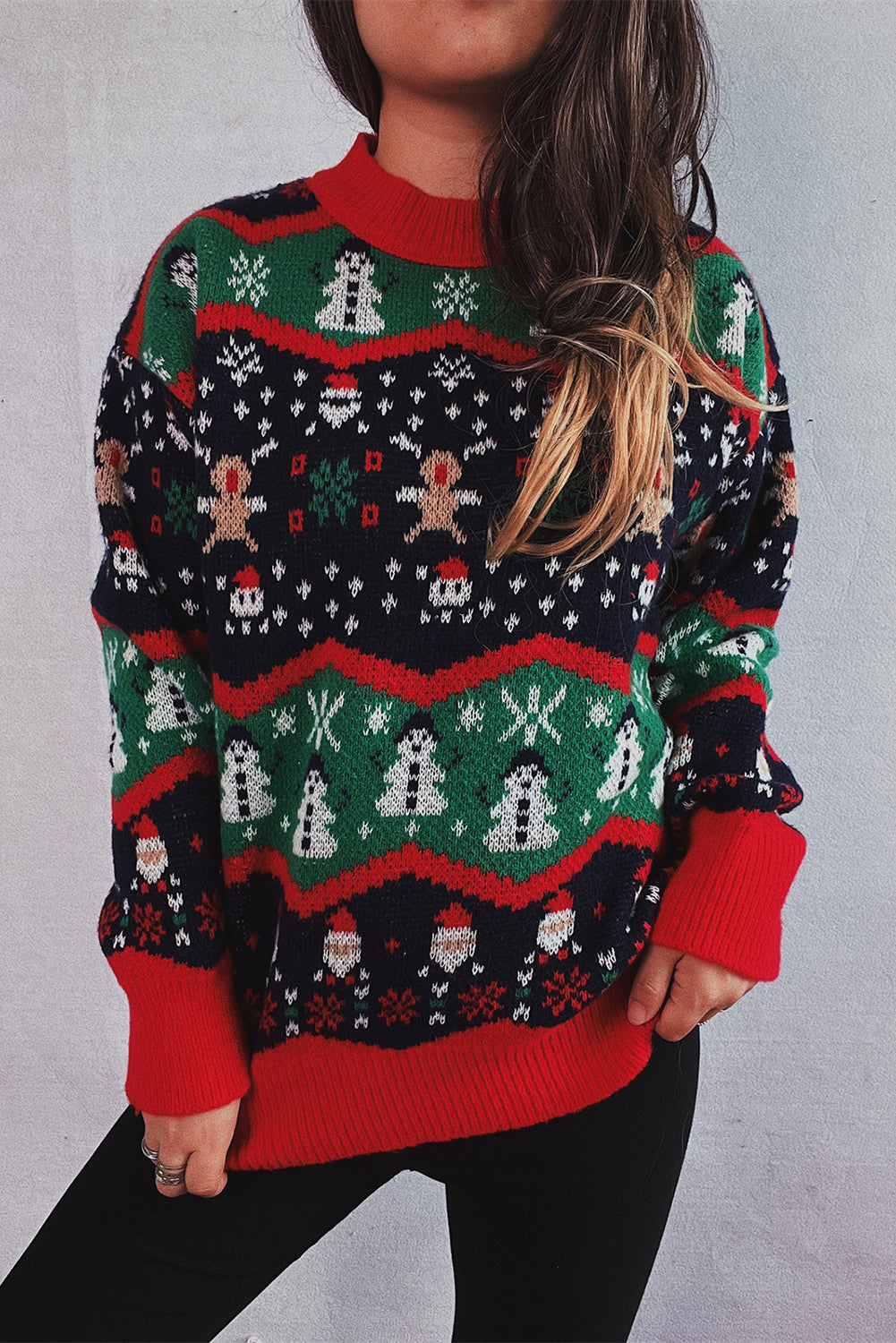 Red Christmas Father Snowman Elk Pattern Drop Shoulder Sweater