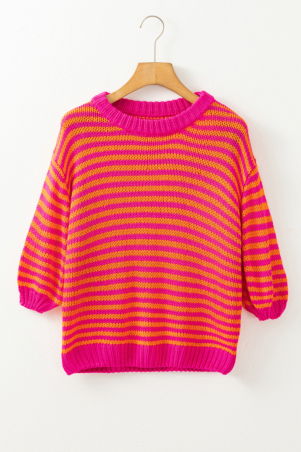 Rose Stripe 3/4 Puff Sleeve Drop Shoulder Sweater