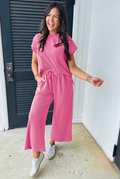 Bright Pink Solid Corded Knit Short Sleeve T Shirt and Wide Leg Pants Set