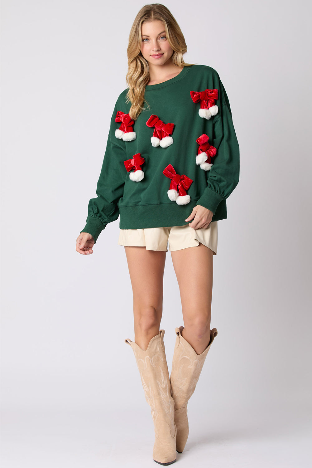 Blackish Green Christmas Bowknot Decor Crewneck Pullover Sweatshirt