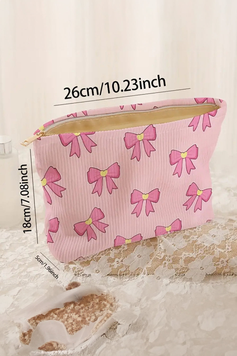 Pink Bow Tie Print Corduroy Makeup Bag