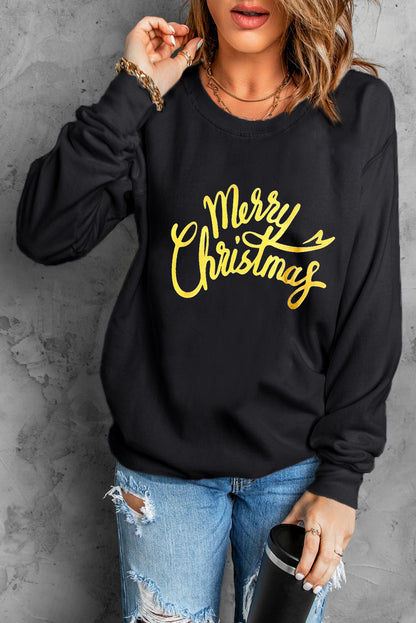 Black Merry Christmas Letter Graphic Drop Shoulder Sweatshirt