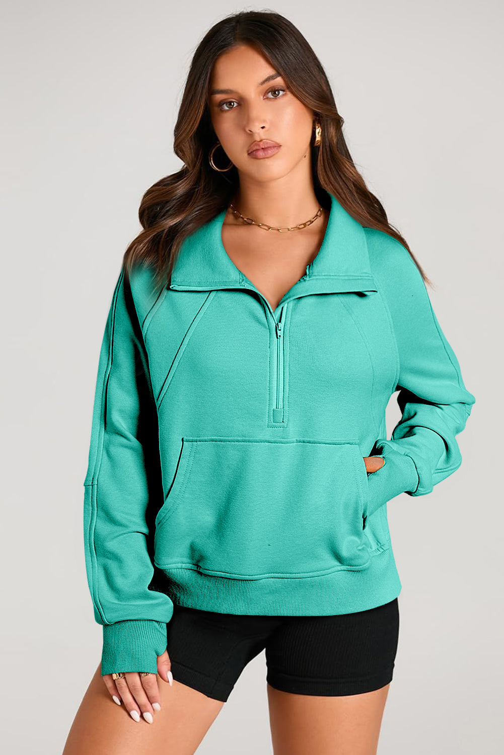 Aruba Blue Quarter Zip Stand Neck Kangaroo Pocket Sweatshirt