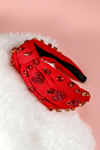 Fiery Red Rhinestone Heart Glass Drill Studded Knotted Wide Headband