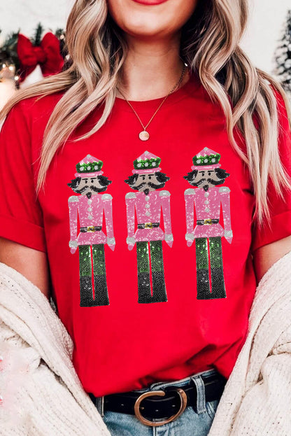 Red Sequined Christmas Nutcracker Pattern Crew Neck Graphic Tee