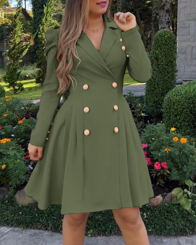 Notched Collar Puff Sleeve Double Breasted Cinch Waist Mini Dress Elegant Dress