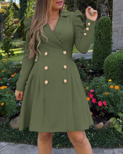 Notched Collar Puff Sleeve Double Breasted Cinch Waist Mini Dress Elegant Dress