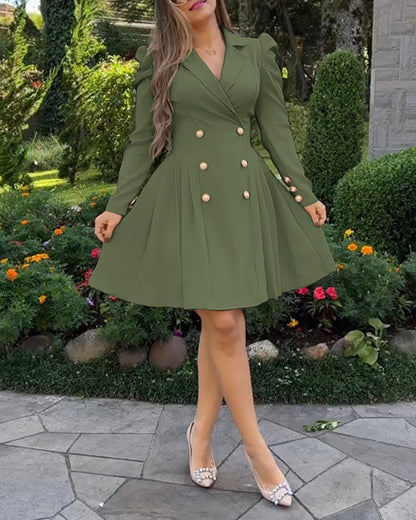 Notched Collar Puff Sleeve Double Breasted Cinch Waist Mini Dress Elegant Dress