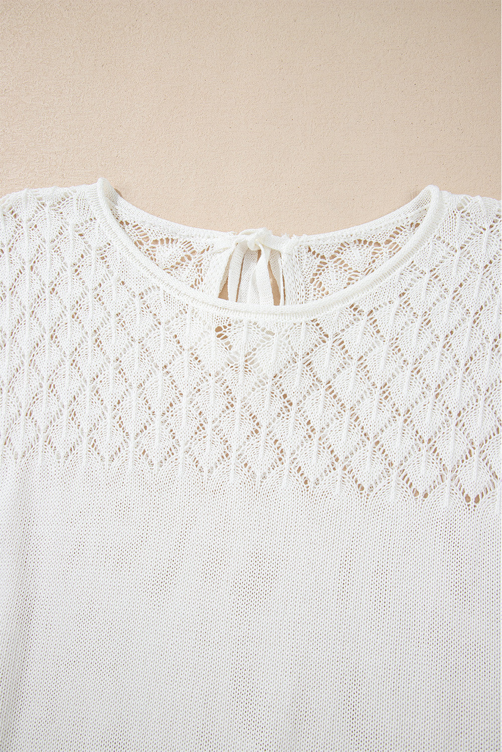 White Eyelet Knit Tied Back Short Sleeve Sweater