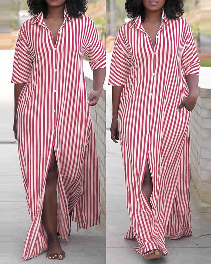 Striped Buttoned Slit Shirt Dress