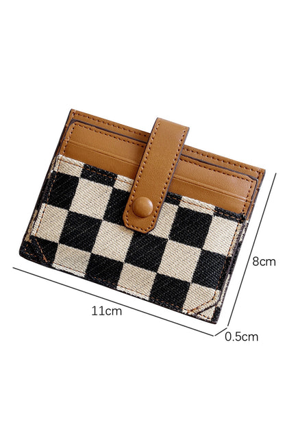 Coffee Leather Checkered Canvas Patchwork Card Storage Wallet