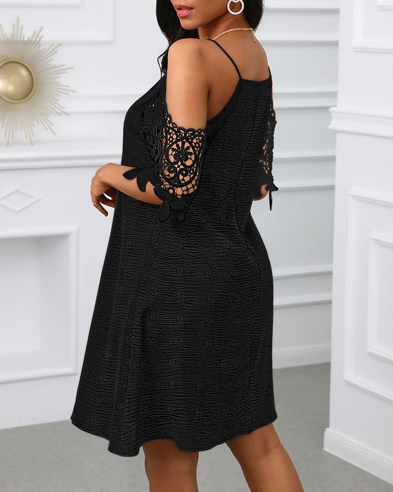 V Neck Cold Shoulder Sleeveless Lace Hem Straight Dress Vacation Dress