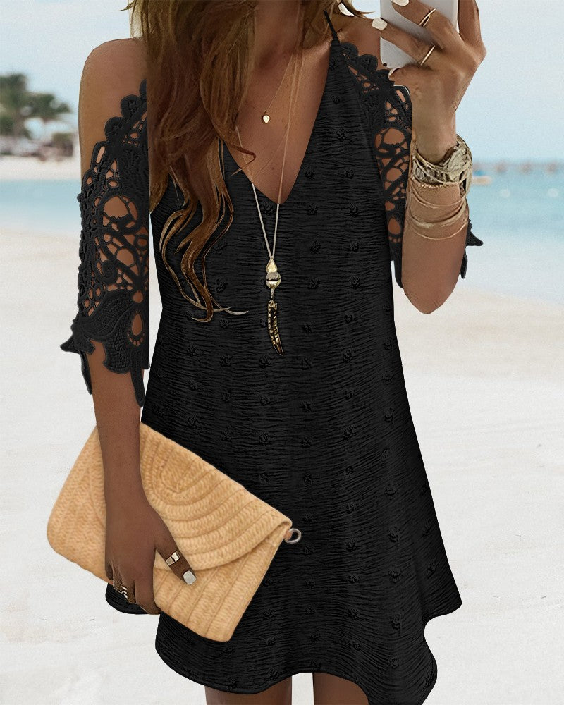 V Neck Cold Shoulder Sleeveless Lace Hem Straight Dress Vacation Dress