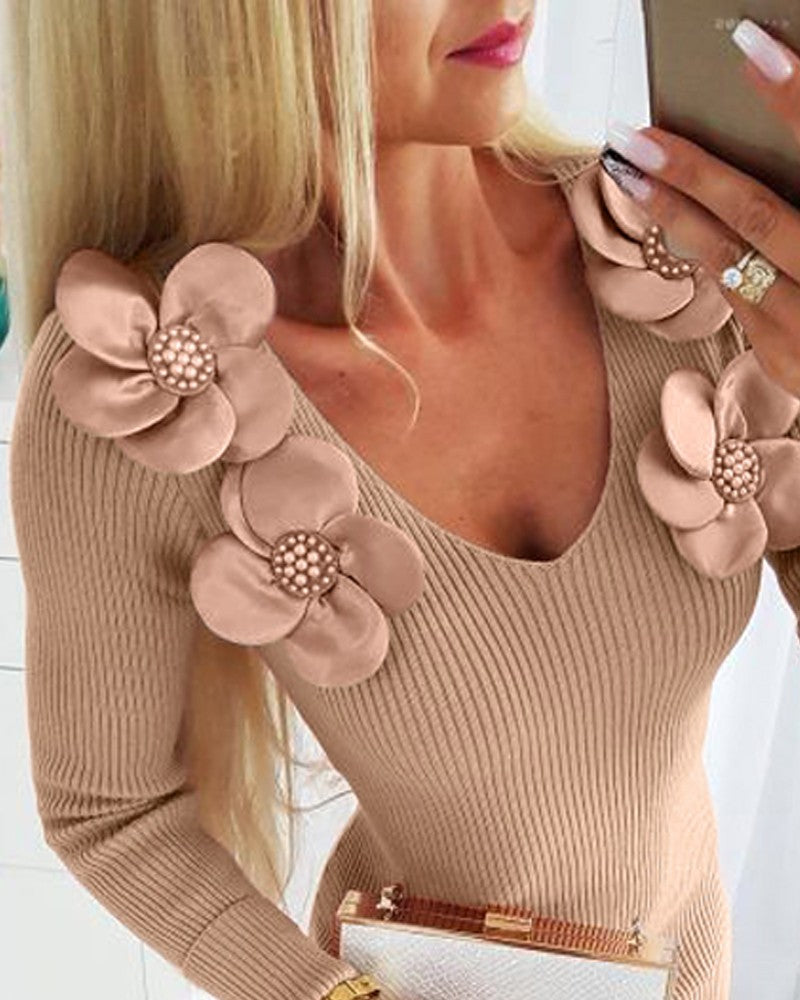 Floral Pattern V Neck Bodycon Mini Dress Long Sleeve Knit Sweater Dress