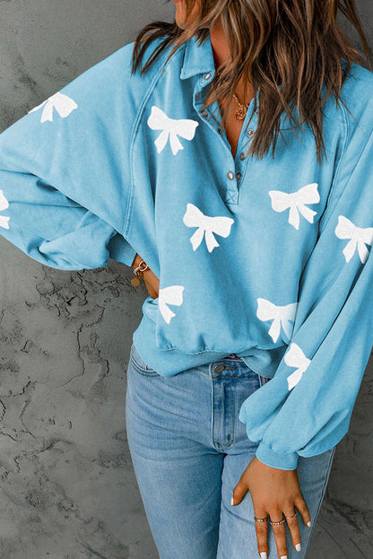 Sky Blue Bow Pattern Snap Buttons Collared Pullover Sweatshirt