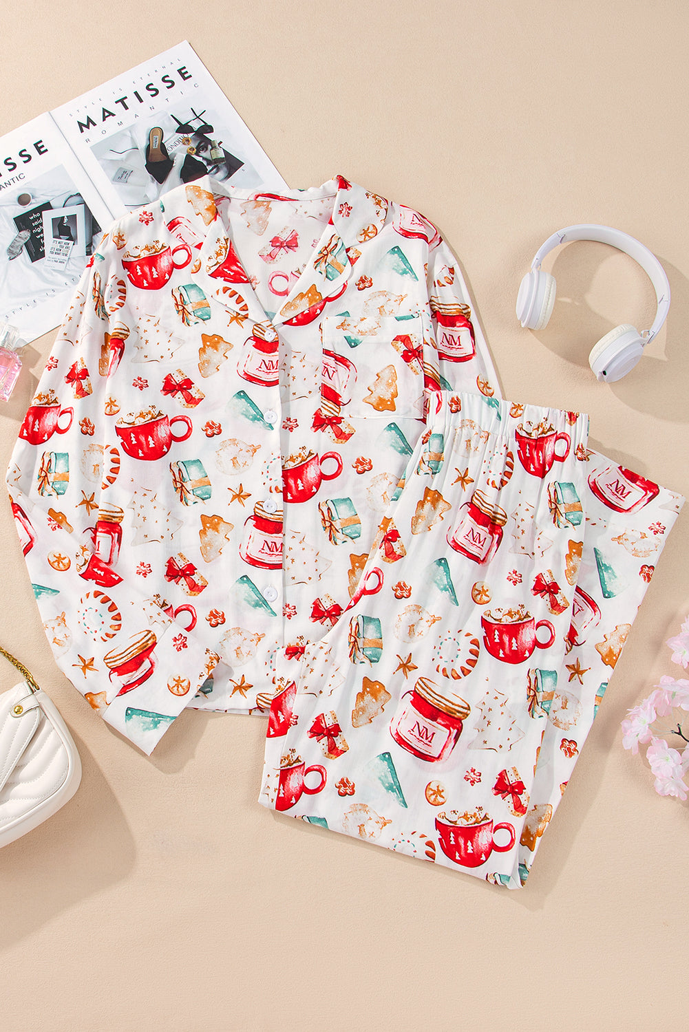 White Christmas Pattern Long Sleeve Shirt and Pants Pajama Set