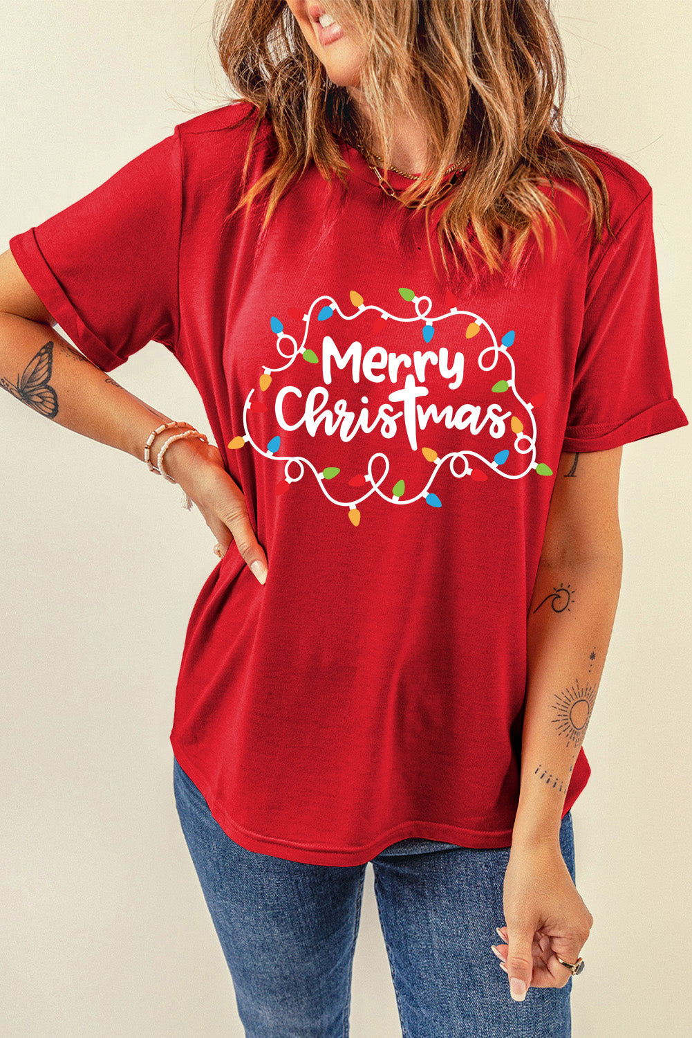 Red Merry Christmas Lights Print Crew Neck T Shirt