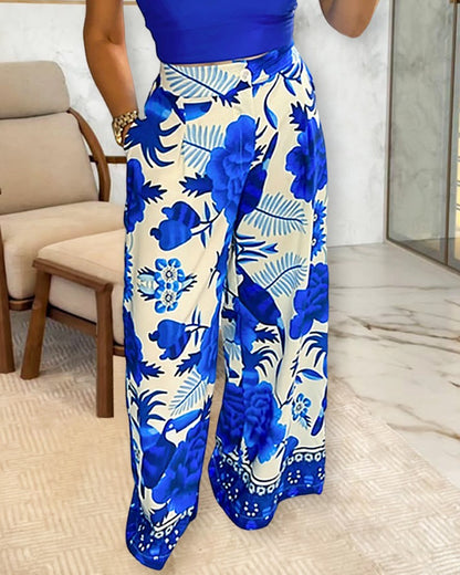 2 Piece Floral Print U Neck Spaghetti Strap Top High Waist Wide Leg Vacation Pants Set with Pocket