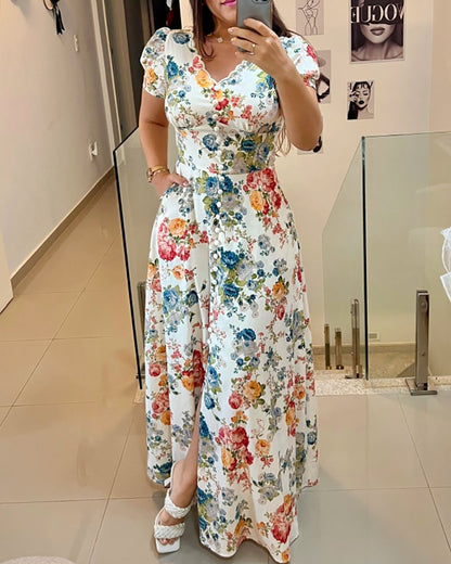 Floral Print V Neck Puff Sleeve Maxi Dress A Line Flowy Casual Dress With Pockets