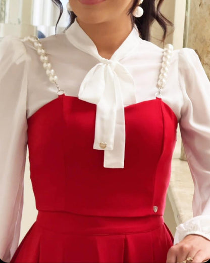 2 Pieces Sweetheart Neck Pearl Decor Spaghetti Strap Crop Top and Casual A Line Long Skirt Set