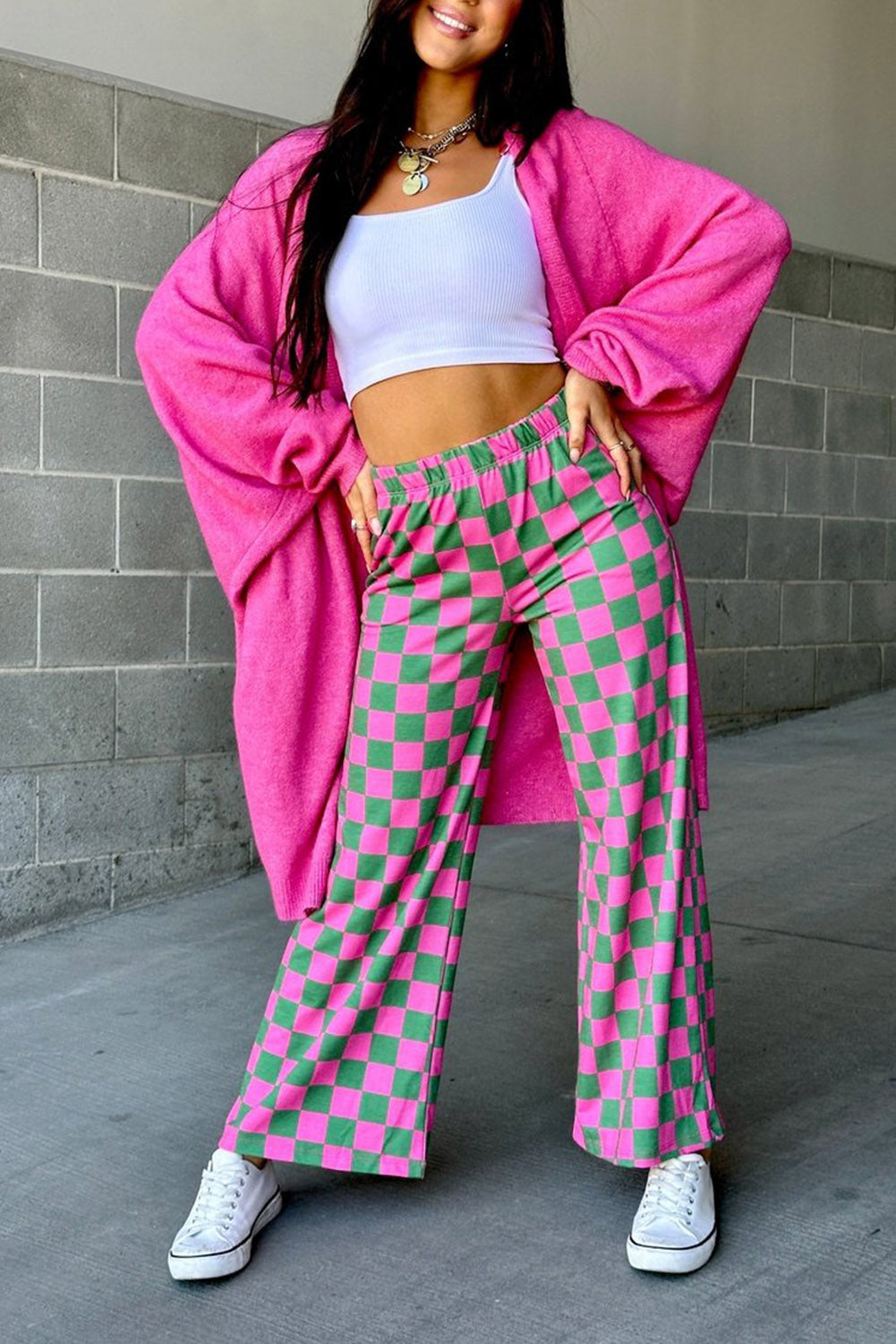 Green 2-Tone Checked Print High Waist Wide Leg Pants