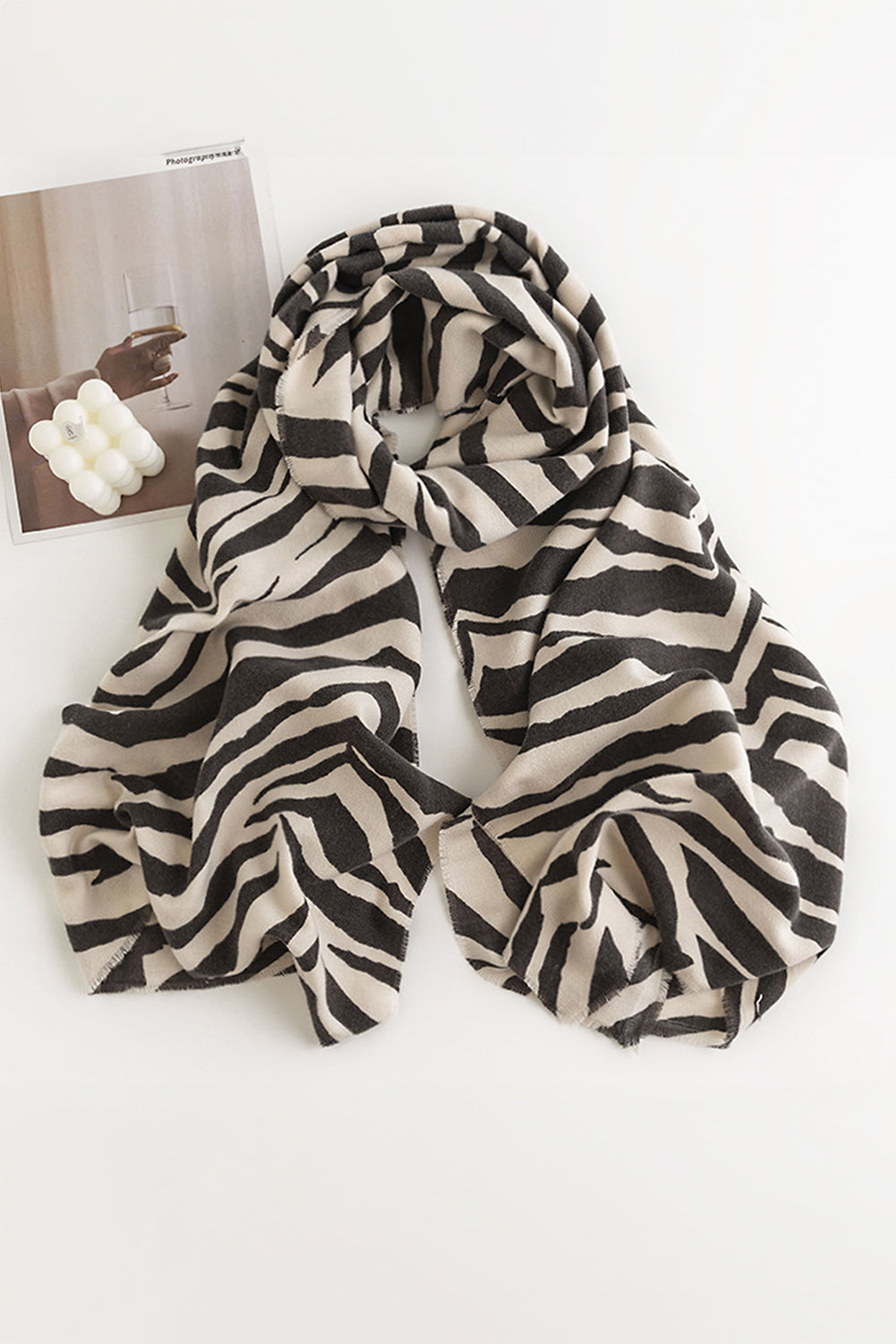 White Zebra Stripes Printed Raw Cut Scarf