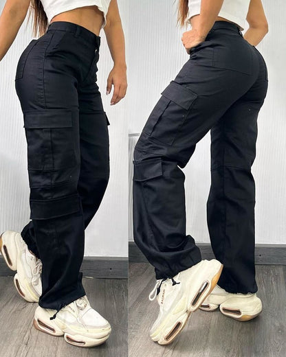 Pocket Design Button Front Cargo Pants Casual High Waisted Cuffed Pants