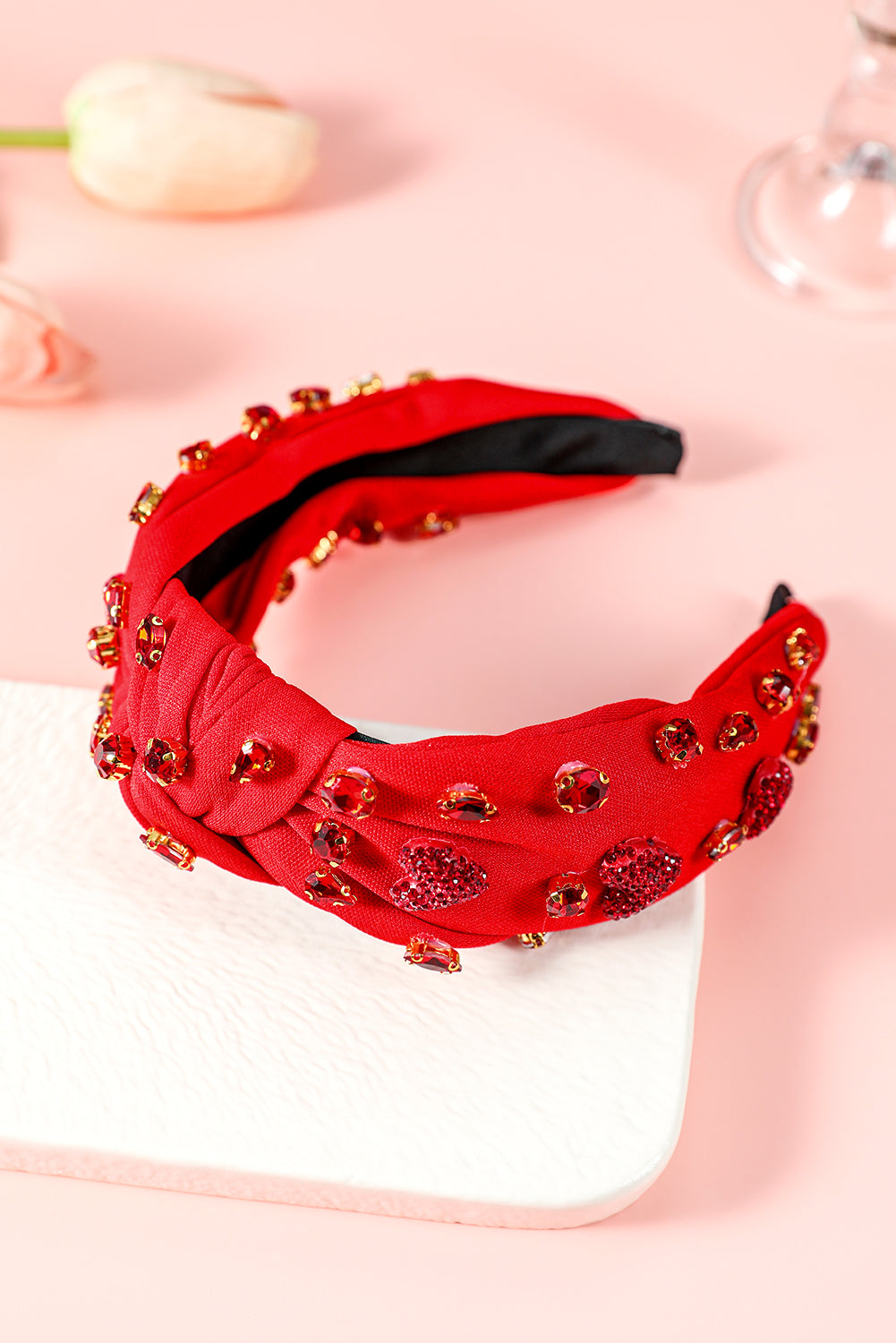 Fiery Red Rhinestone Heart Glass Drill Studded Knotted Wide Headband