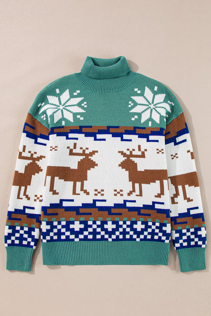 Canton Christmas Reindeer Snowflake Colorblock Turtleneck Sweater