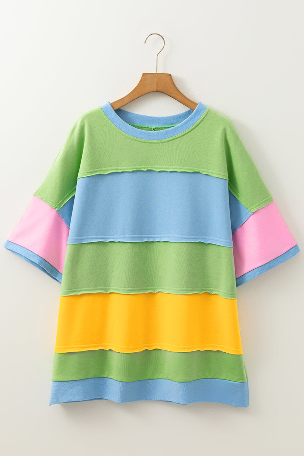 Light Blue Color Block Exposed Seam Patchwork Plus Size T Shirt