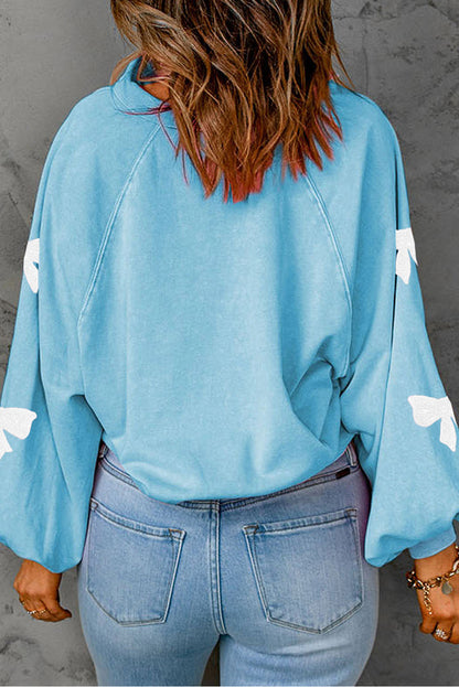 Sky Blue Bow Pattern Snap Buttons Collared Pullover Sweatshirt