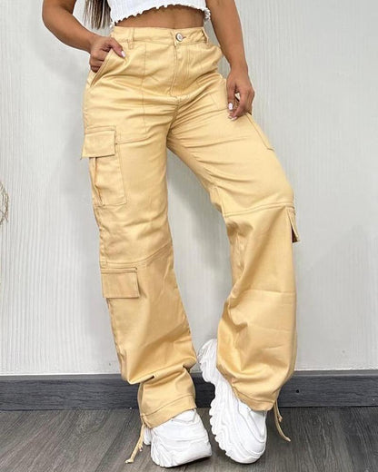 Pocket Design Button Front Cargo Pants Casual High Waisted Cuffed Pants