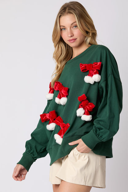 Blackish Green Christmas Bowknot Decor Crewneck Pullover Sweatshirt