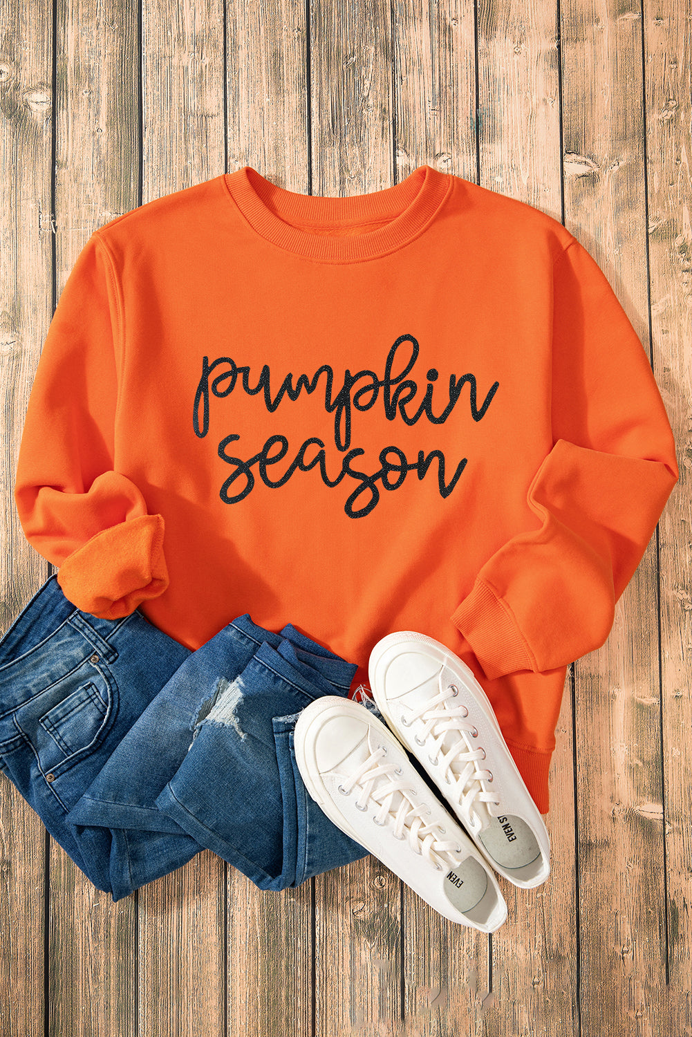 Russet Orange Glittering Pumpkin Season Graphic Drop Shoulder Pullover Sweatshirt