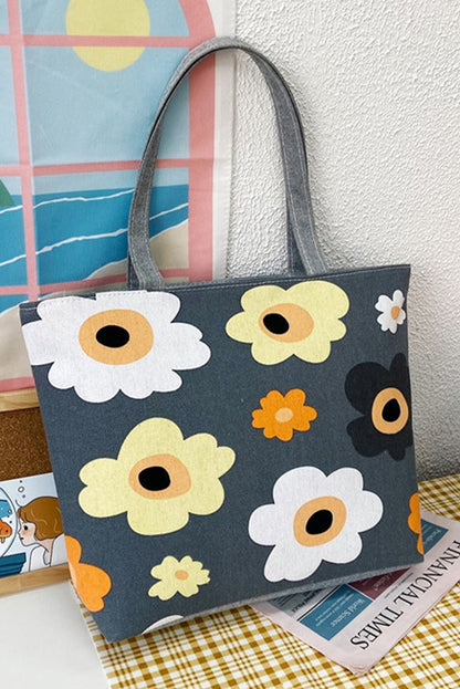 Dark Grey Flower Print Canvas Zipper Large Tote Bag