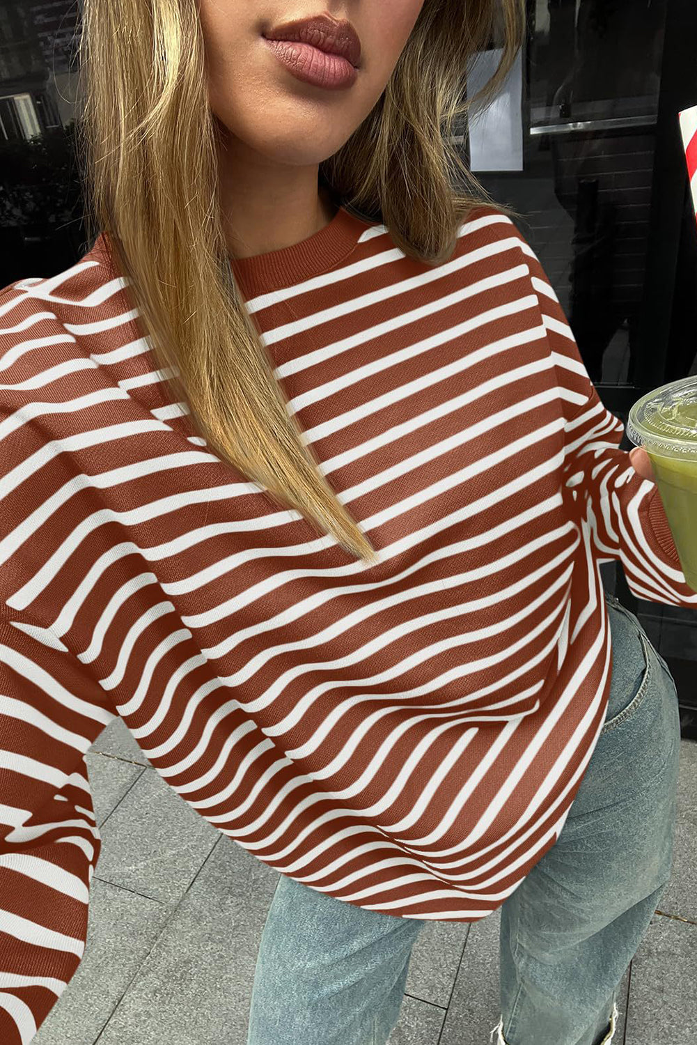 Coffee Striped Long Sleeve Round Neck Loose Long Sleeve Top