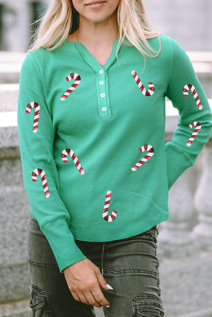 Green Christmas Candy Cane Patched Half Button Waffle Knit Top