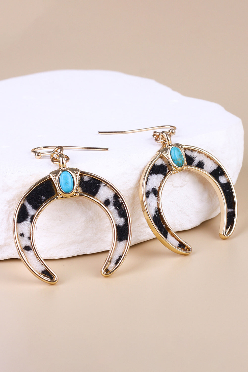 Black Cow Print Turquoise Inlay Crescent Shaped Dangle Earrings