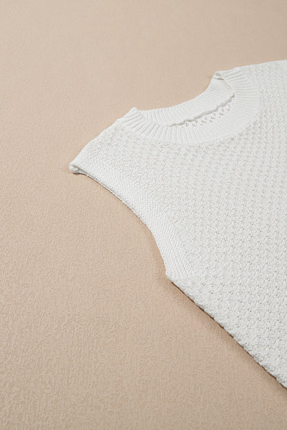 White Solid Color Eyelet Knit Crew Neck Sweater Vest