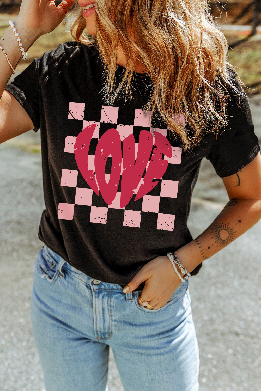 Black LOVE Checkered Graphic Valentine Tee