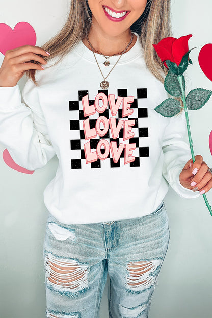 White Checkerboard LOVE Printed Round Neck Valentines Sweatshirt