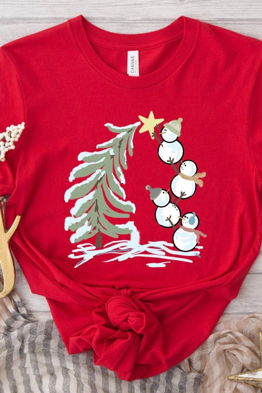 Red Christmas Tree Snowman Printed Crewneck T Shirt