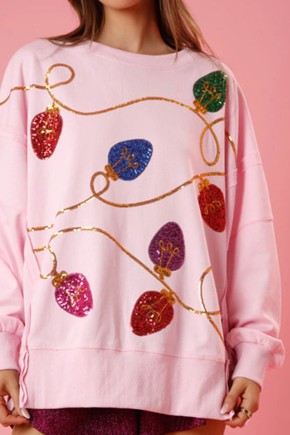 Pink Bright Christmas Lights Sequined Oversized Sweatshirt