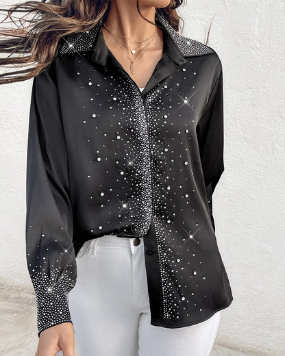 Rhinestone Turn down Collar Long Sleeve Blouse Elegant Shirt