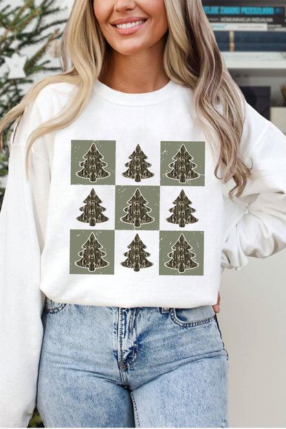 Beige Christmas Tree Checker Print Drop Shoulder Sweatshirt