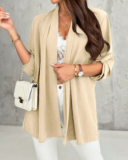 Roll Up Sleeve Open Front Coat Cardigan Top