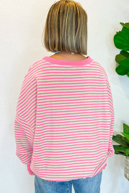 Pink Stripe Santa Clause Print Drop Shoulder Long Sleeve Loose Top